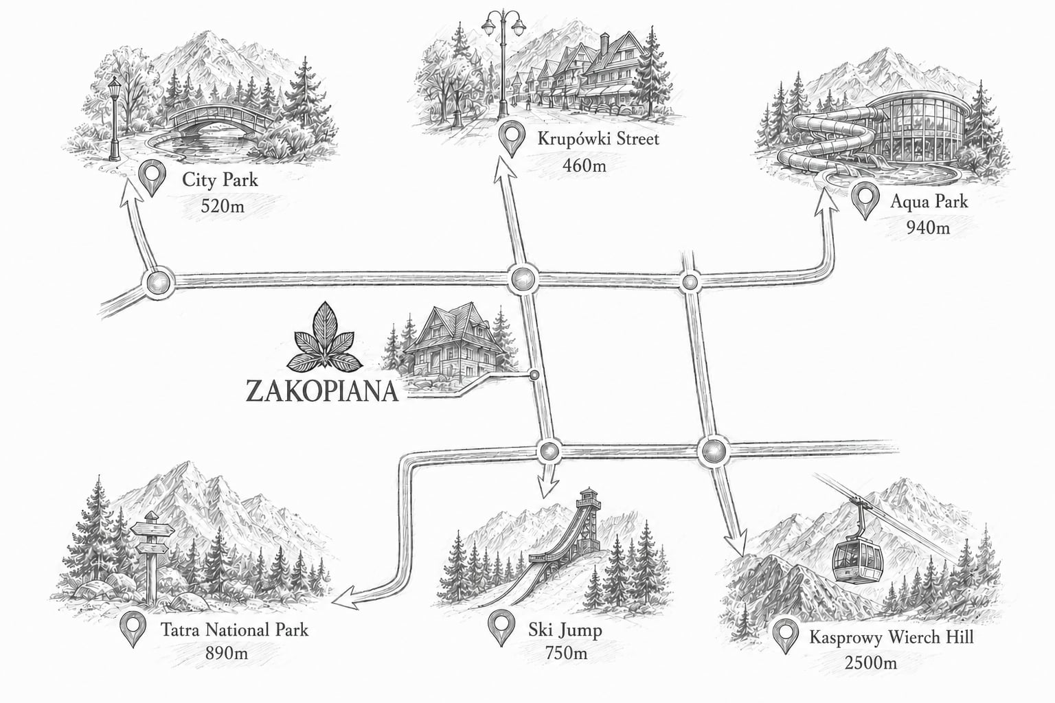 Map of the area around Zakopiana — distances to Krupówki, the ski jump, Aqua Park and the Tatra National Park